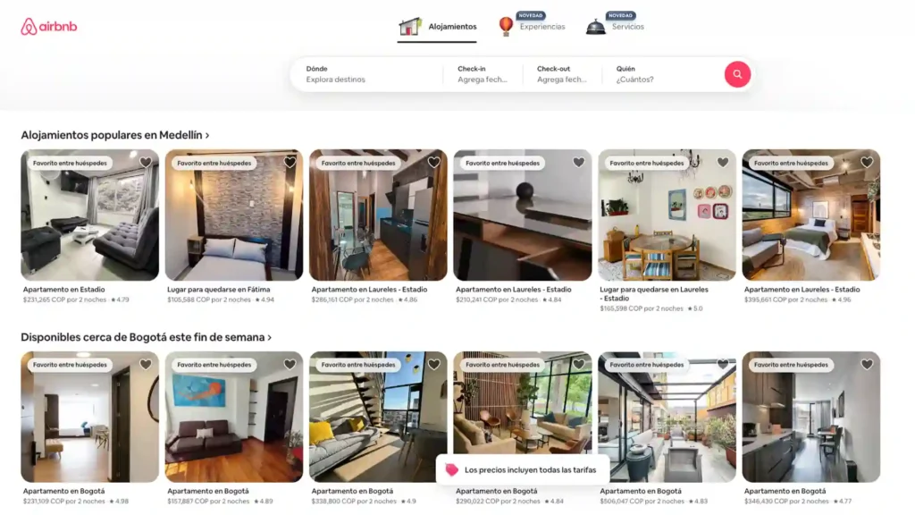Airbnb website example showing excellent UX design with a clean, intuitive booking interface