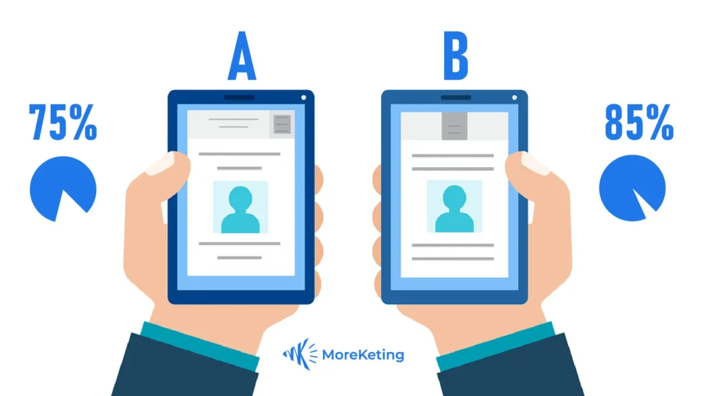 Side-by-side comparison of two landing page versions (A and B) testing a different headline and button color