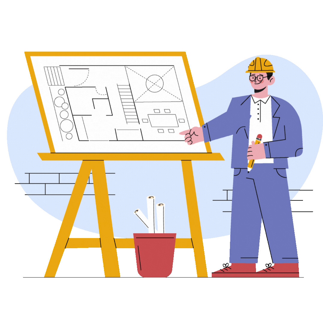 Animated architect sketching building plans