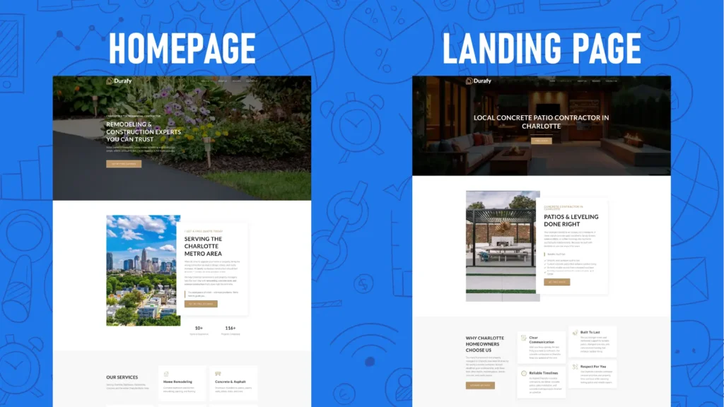 Infographic comparing a homepage versus a landing page